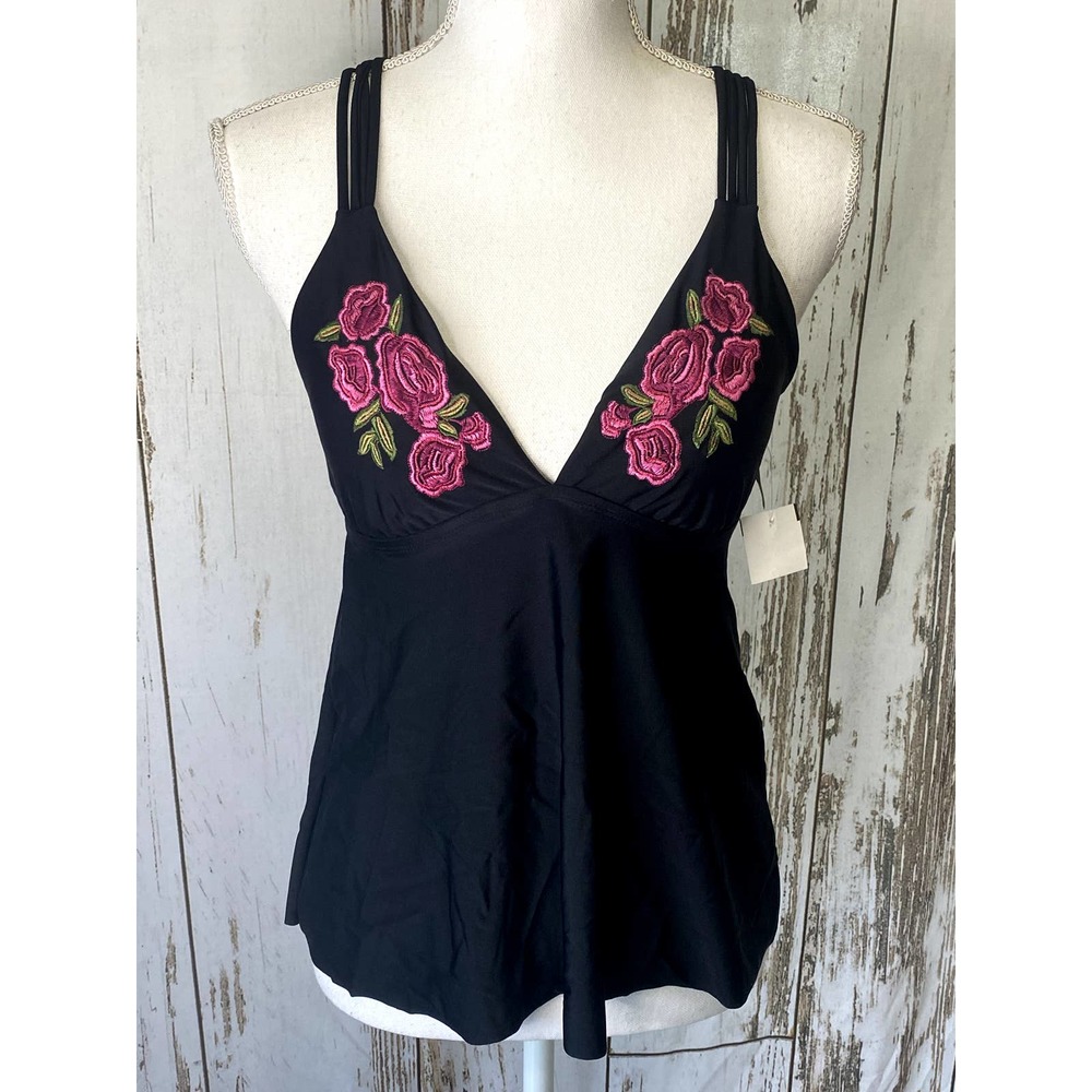 New Directions Black And Pink Floral Tankini